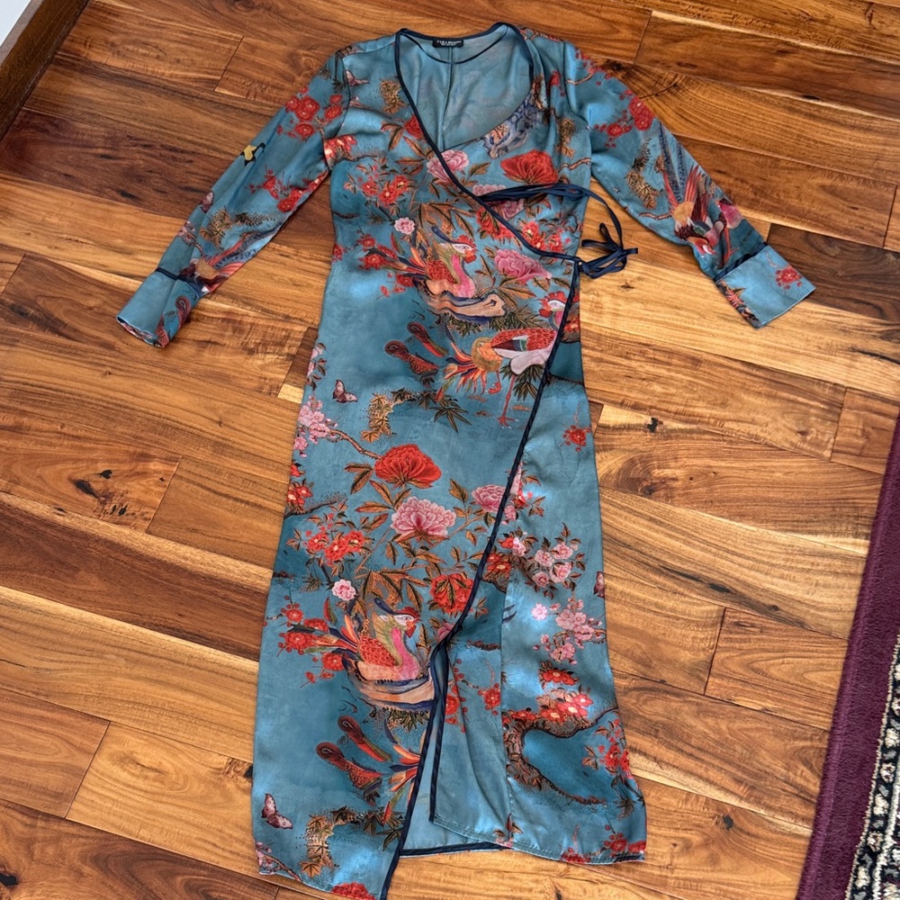 Zara Teal Floral Wrap Tunic with Red & Pink Accents
